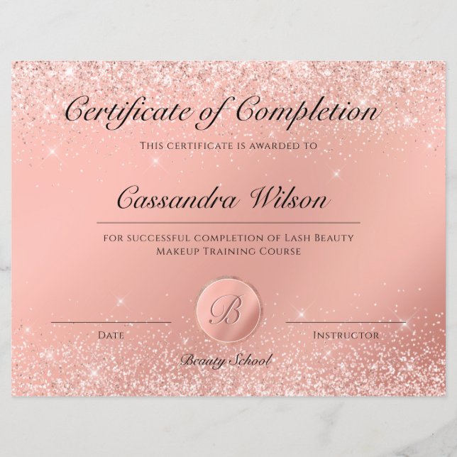 Elegant Luxury Rose Gold Beauty School Certificate (Front)