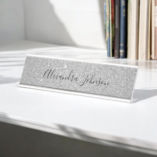Elegant Luxury Silver Glitter Sparkle Modern Desk Name Plate