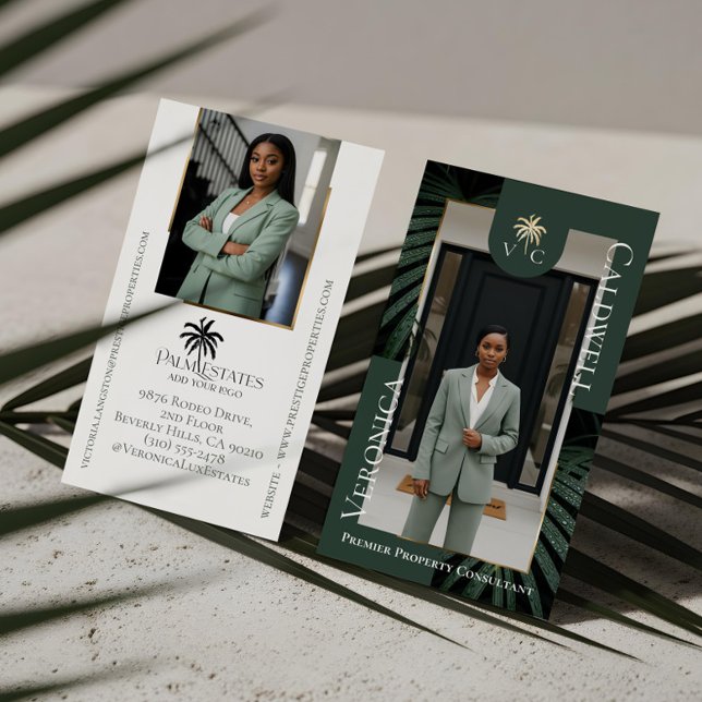 Elegant Luxury Tropical Palm Tree Monogram Photo Business Card (Elegant Luxury Tropical Palm Tree Monogram Photo Business Card)