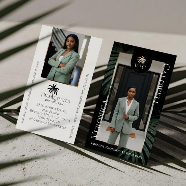 Elegant Luxury Tropical Palm Tree Monogram Photo Business Card (Elegant Luxury Tropical Palm Tree Monogram Photo Business Card)