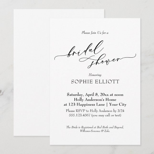 Elegant Luxury Typography Bridal Shower Simple Invitation (Front/Back)