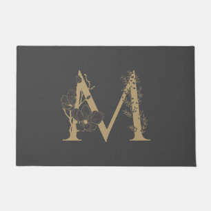 Elegant M Boho Floral Monogram Initial Grey Gold Doormat