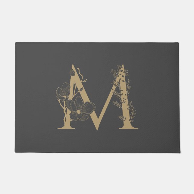 Elegant M Boho Floral Monogram Initial Grey Gold Doormat (Front)