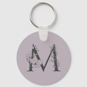 Elegant M Boho Floral Monogram Initial Lilac Grey Keychain