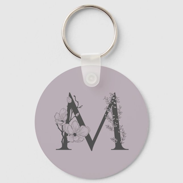 Elegant M Boho Floral Monogram Initial Lilac Grey Keychain (Front)