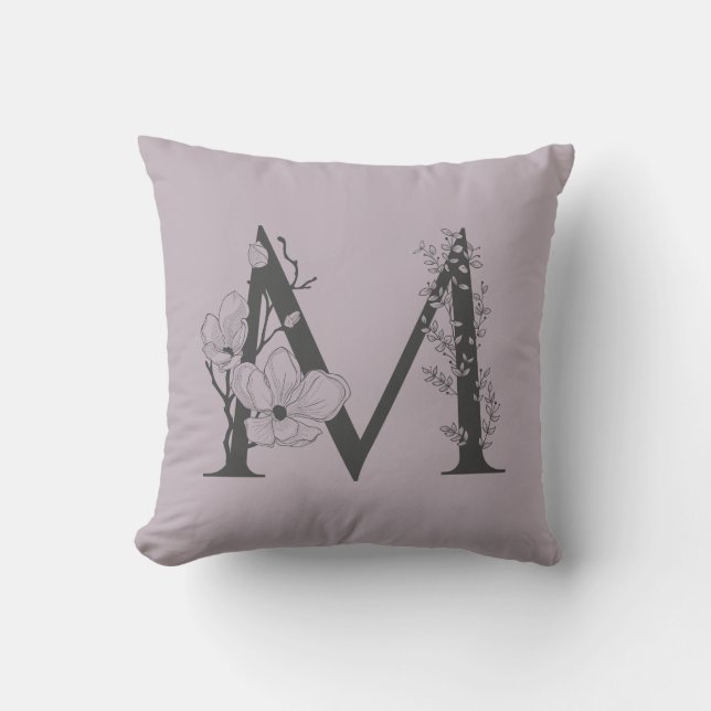Elegant M Boho Floral Monogram Initial Lilac Grey Throw Pillow (Front)