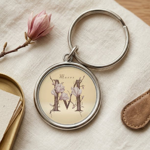 Elegant Maeve M Initial Magnolia Floral Design Keychain
