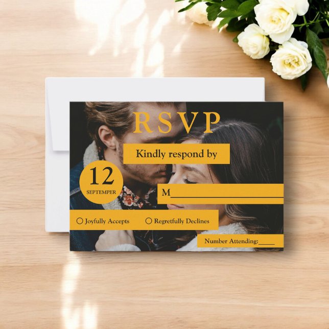 Elegant Magazine Cover Yellow Modern Photo Wedding RSVP Card (Creator Uploaded)