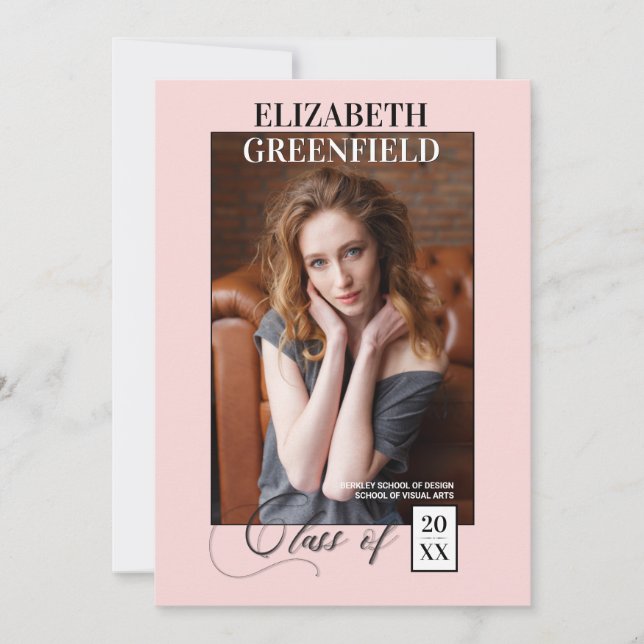 Elegant Magazine Style Pink Photo Announcement (Front)