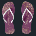 Elegant Magenta & Gold Lacy Maid of Honour Wedding Flip Flops<br><div class="desc">These beautiful wedding flip flops are a great way to thank and recognize your Maid of Honour while saving her feet at the same time. Features an elegant design with lacy golden frills on a cassis purple, magenta, or berry coloured background and fancy gold coloured script lettering. The test reads...</div>