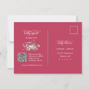 Elegant Magenta Green Leaves QR Code Address RSVP Postcard
