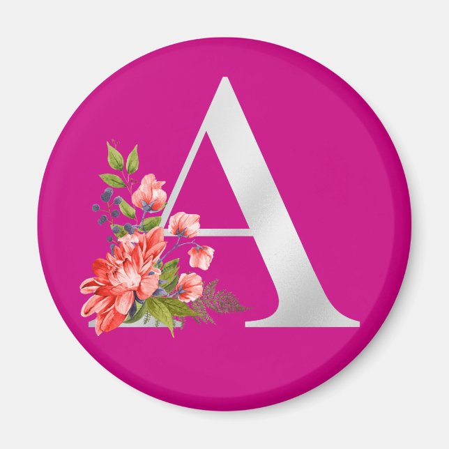Elegant Magenta Metallic A Floral Monogram Magnet (Front)