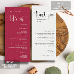Elegant Magenta Minimal Thank You Placecard Menu<br><div class="desc">Check out this All-in-One Modern Minimalist Menu Table Escort Place Card with Thank You for your wedding or party event! This menu card features an elegant calligraphy script of "let's eat" on the front with a clean and simple block sans serif typography font on a viva magenta background and elegant...</div>