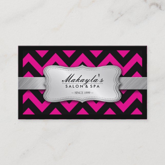 Elegant Magenta Pink and Black Chevron Pattern Business Card (Front)
