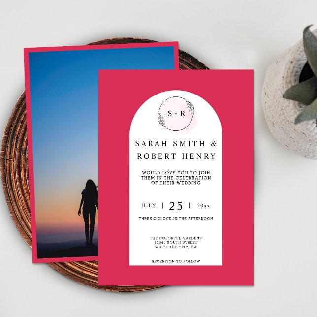 Elegant Magenta Pink Arch Monogram Photo Wedding Invitation (Front / Back)