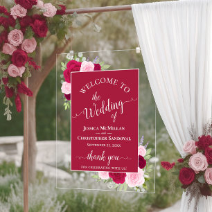 Elegant Magenta & Pink Boho Roses Wedding Welcome Acrylic Sign