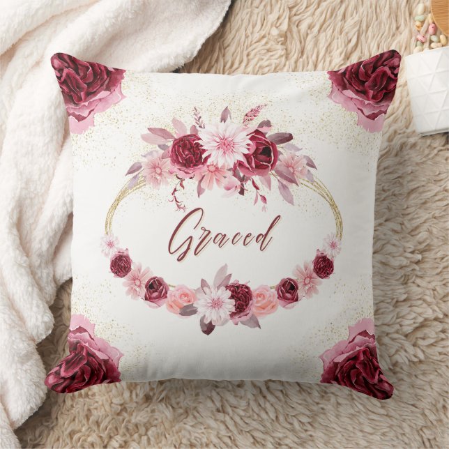  Elegant Magenta Pink Floral Gold Wreath Graced Throw Pillow (Blanket)