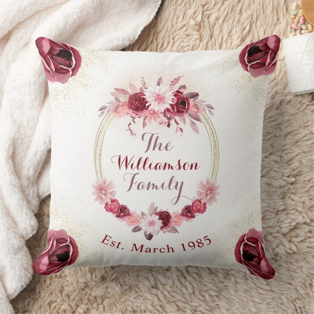 Elegant Magenta Pink Floral Monogram Script  Throw Pillow (Blanket)