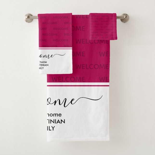 Elegant Magenta Pink Personalized WELCOME Bath Towel Set (Insitu)