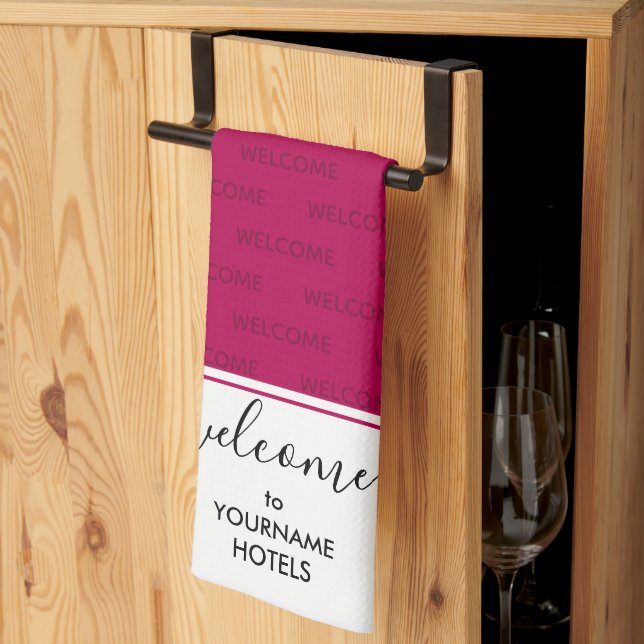 Elegant Magenta Pink Personalized WELCOME Kitchen Towel (Thirds Fold)