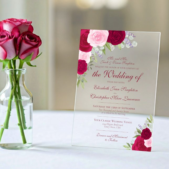 Elegant Magenta & Pink Roses Formal Wedding Acrylic Invitations (Creator Uploaded)