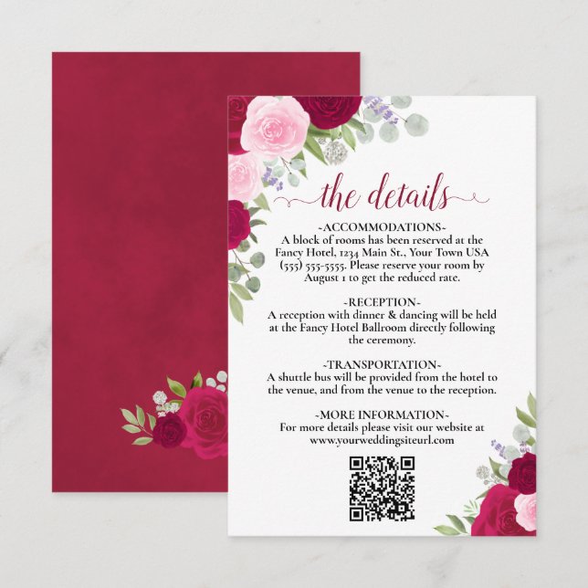 Elegant Magenta Pink Roses Wedding Details QR Code Enclosure Card (Front/Back)