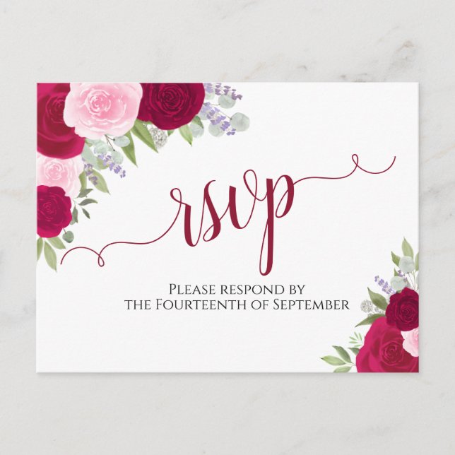 Elegant Magenta Pink Watercolor Roses Wedding RSVP Postcard (Front)