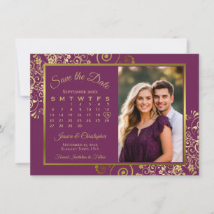 Elegant Magenta Plum & Gold Calendar Photo Wedding Save The Date