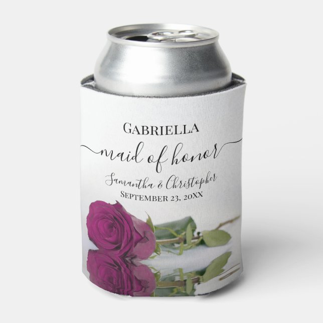 Elegant Magenta Plum Rose Maid of Honour Wedding Can Cooler (Can Front)