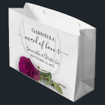 Elegant Magenta Plum Rose Maid of Honour Wedding Large Gift Bag<br><div class="desc">These beautiful gift bags are designed as a wedding gift or favour bag for your Maid of Honour. They feature a simple yet stunning design with a long stemmed magenta plum or berry purple coloured rose lying on its side. The title "Maid of Honour" written in fancy script letters with...</div>