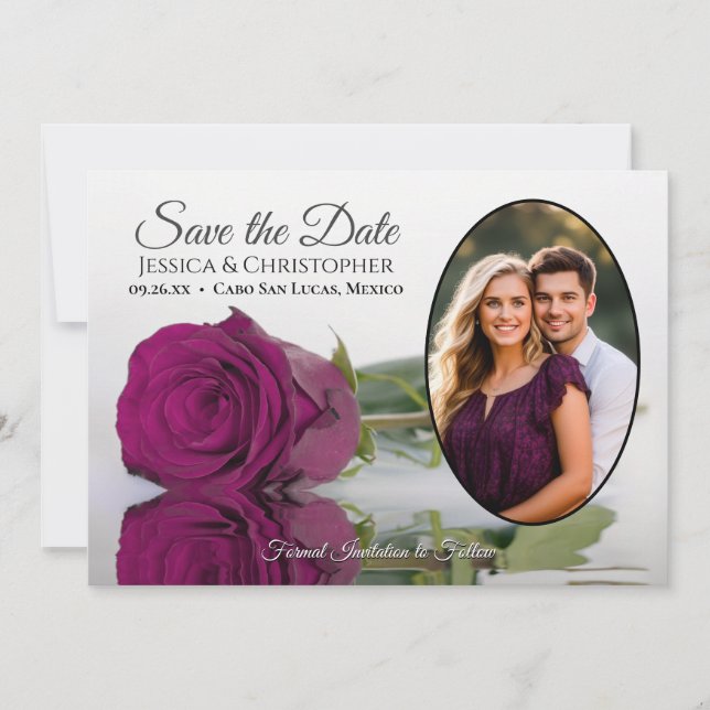 Elegant Magenta Plum Rose Oval Photo Wedding Save The Date (Front)