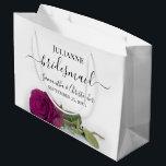 Elegant Magenta Plum Rose Posh Bridesmaid Wedding Large Gift Bag<br><div class="desc">These beautiful gift bags are designed as a wedding gift or favour bag for your Bridesmaids. They feature a simple yet stunning design with a long stemmed magenta plum or berry purple coloured rose lying on its side. The title "Bridesmaid" written in fancy script letters with swashes on the ends....</div>