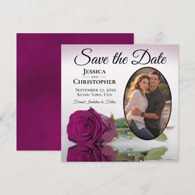 Elegant Magenta Plum Rose with Oval Photo Wedding Save The Date (Front/Back)