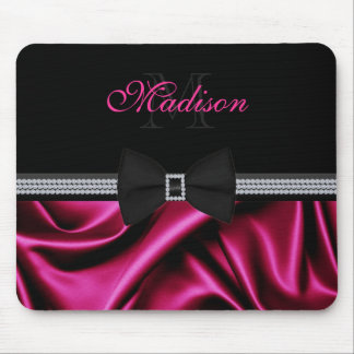 Elegant Magenta Printed Satin Bow Gems Custom Name Mouse Pad