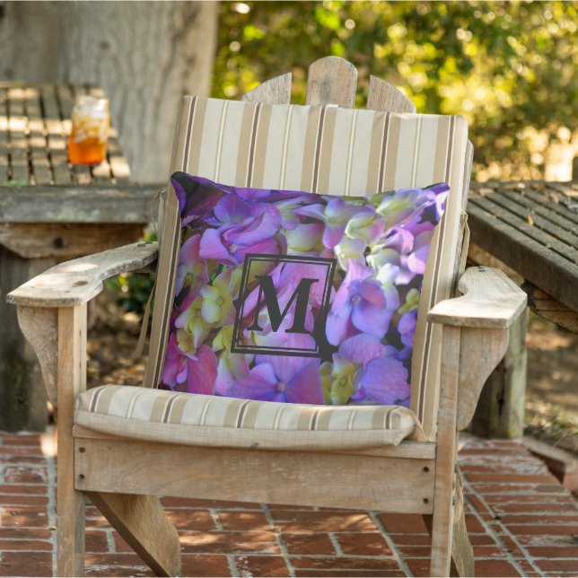 Elegant Magenta Purple blue Hydrangeas flowers Outdoor Pillow (Chair)