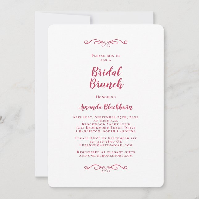Elegant Magenta Red Calligraphy Bridal Brunch Invitation (Front)