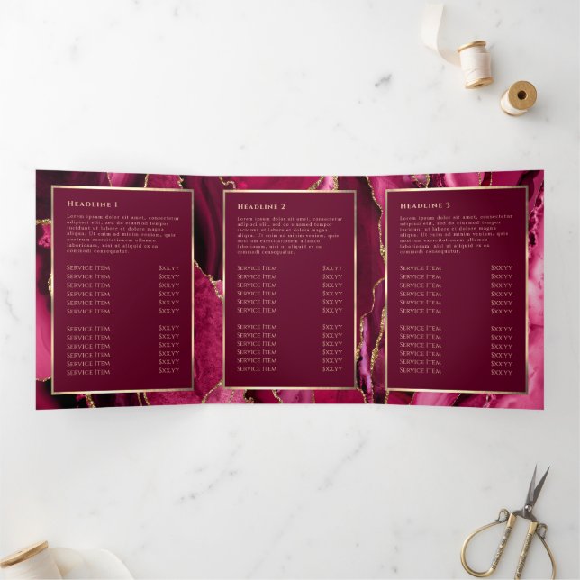 Elegant Magenta Red Gold Agate Trifold Brochure (Inside)