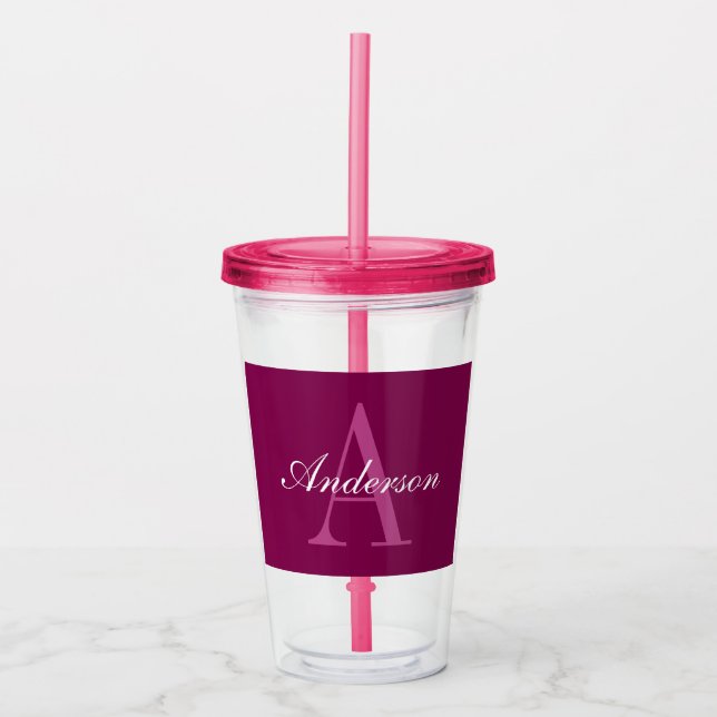 Elegant Magenta Red, Pink & White Name & Monogram Acrylic Tumbler (Front)