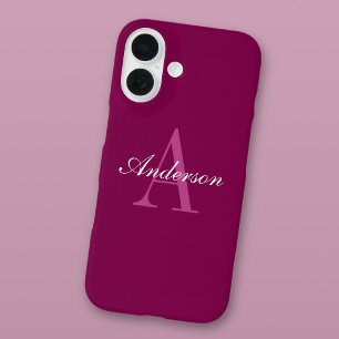 Elegant Magenta Red, Pink & White Name & Monogram iPhone 16 Case