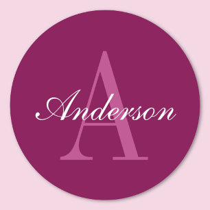 Elegant Magenta Red, Pink & White Name & Monogram Classic Round Sticker