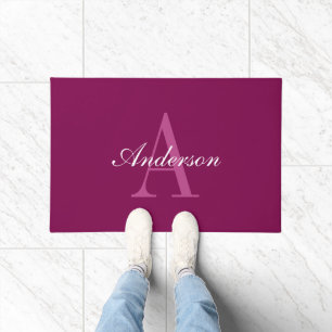 Elegant Magenta Red, Pink & White Name & Monogram Doormat
