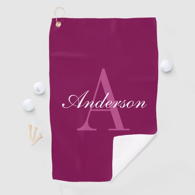 Elegant Magenta Red, Pink & White Name & Monogram Golf Towel (InSitu)