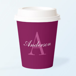 Elegant Magenta Red, Pink & White Name & Monogram Paper Cups