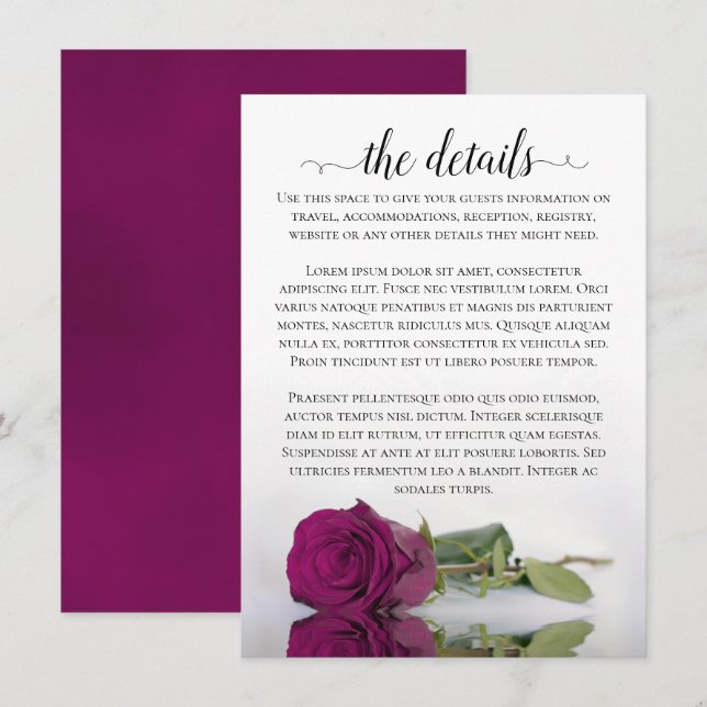 Elegant Magenta Reflecting Rose Wedding Details Enclosure Card (Front/Back)