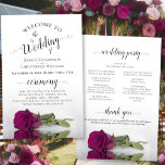 Elegant Magenta Rose Budget Wedding Program<br><div class="desc">These wedding programs are elegant and tasteful, while still being budget friendly. The design features a single long-stemmed cassis purple, magenta, or berry coloured rose lying on its side, reflecting in a pool of water with waves and ripples. The typography features lacy black script calligraphy, and there is room for...</div>