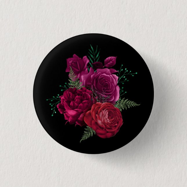 Elegant Magenta Rose Floral Bouquet 1 Inch Round Button (Front)