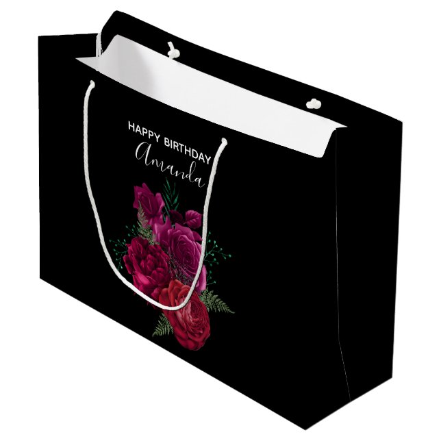 Elegant Magenta Rose Floral Bouquet Birthday Large Gift Bag (Front Angled)