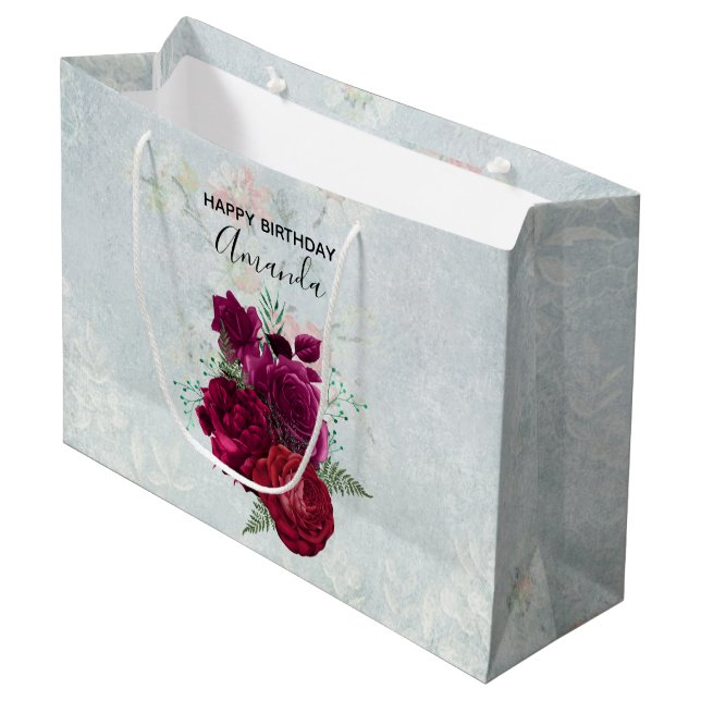 Elegant Magenta Rose Floral Bouquet Birthday  Large Gift Bag (Front Angled)