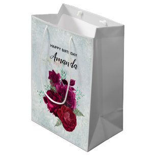Elegant Magenta Rose Floral Bouquet Birthday Medium Gift Bag