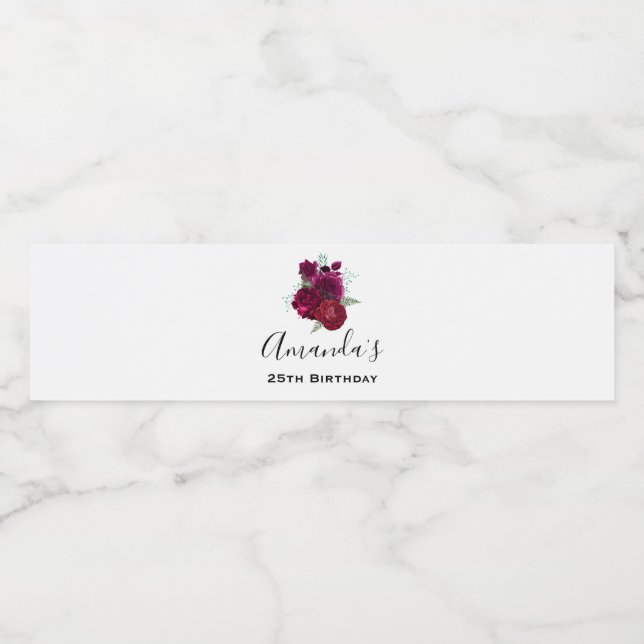 Elegant Magenta Rose Floral Bouquet Birthday Water Bottle Label (Single Label)
